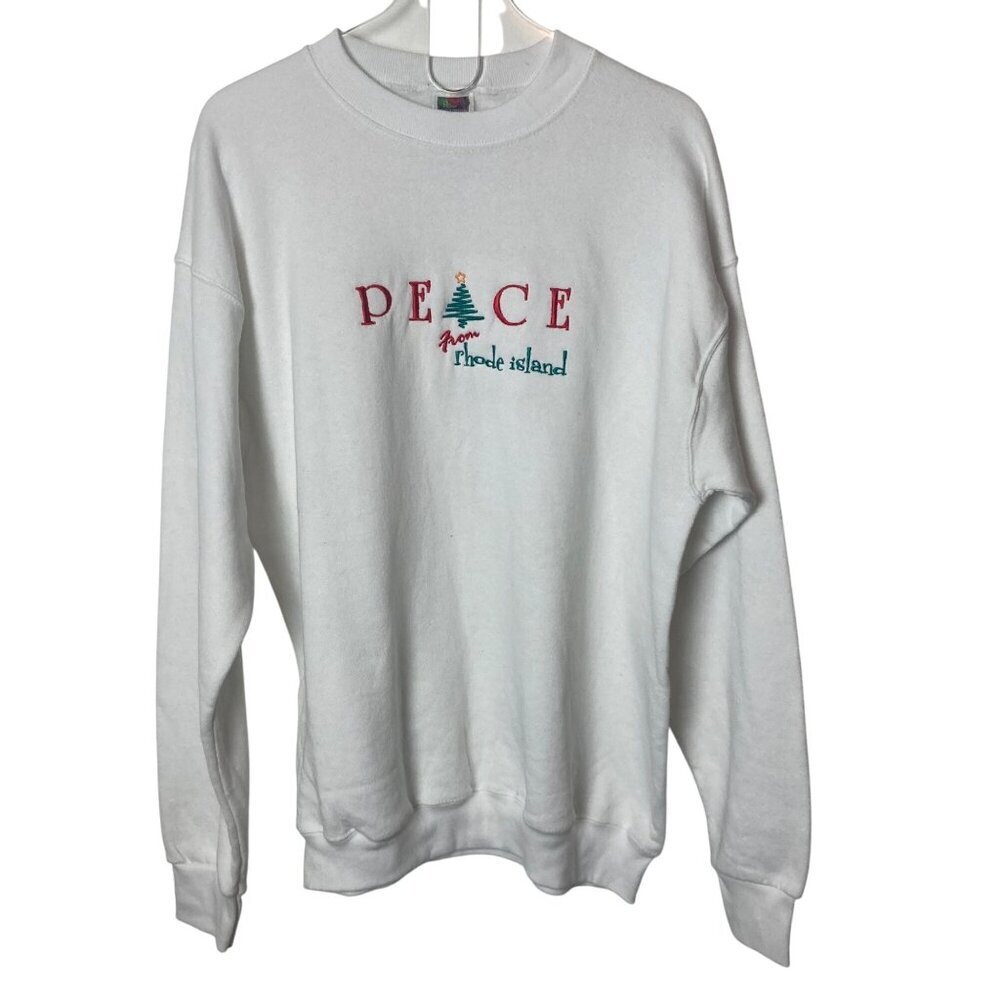 Vintage Peace From Rhode Island Sweatshirt Large White Christmas Made in USA